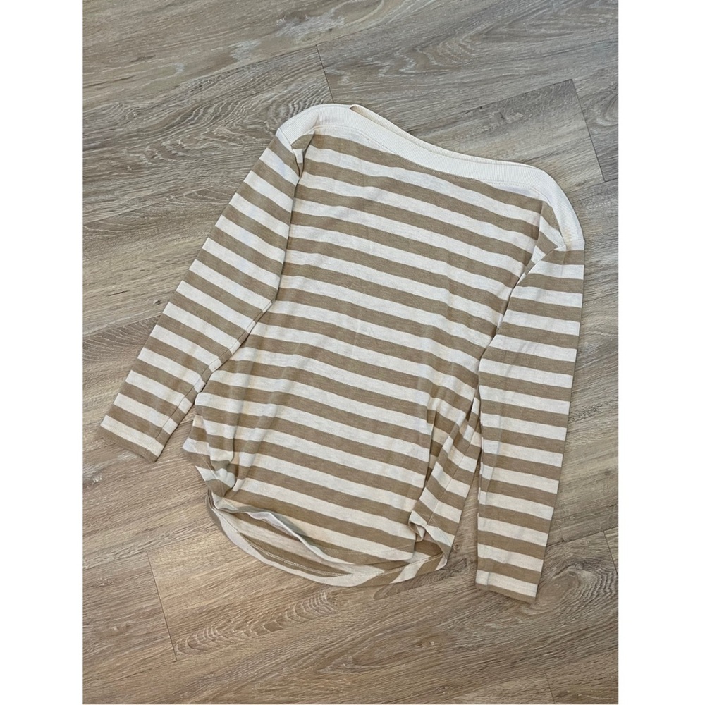 Loft Brown Tan Striped Boatneck Lightweight Cotton Blend Sweater